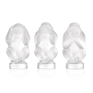 Lalique Clear Crystal Three Wise Monkeys Wisdom Set