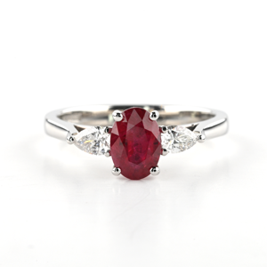 Beards Platinum Oval Cut Ruby & Pear Cut Diamond 3-Stone Ring