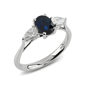 Beards Platinum Oval Sapphire & Pear Diamond Three Stone Ring